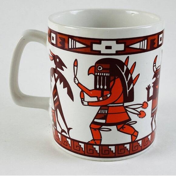 Native American Kachina Chief Bird Bull Coffee Mug Cup Tribal Aboriginal Art Red - Picture 1 of 9